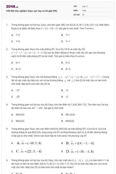 256 Bài trắc nghiệm Oxyz cực hay có lời giải (P6)
