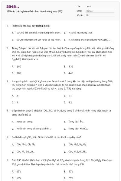 125 câu trắc nghiệm Oxi - Lưu huỳnh nâng cao (P3)