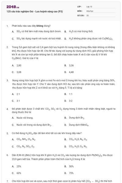125 câu trắc nghiệm Oxi - Lưu huỳnh nâng cao (P3)