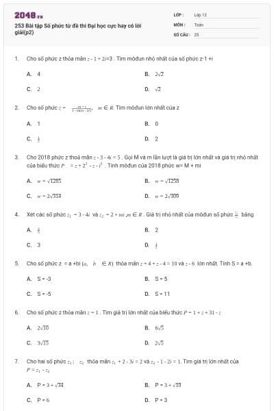 253 Bài tập Số phức từ đề thi Đại học cực hay có lời giải(p2)