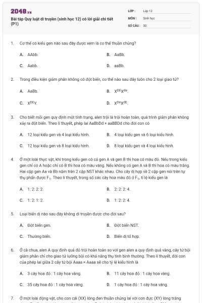 Bài tâp Quy luật di truyền (sinh học 12) có lời giải chi tiết (P1)