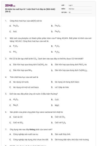Đề kiểm tra cuối học kì 1 môn Hoá 9 có đáp án (Mới nhất) (Đề 6)