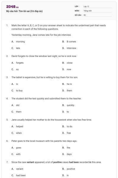 Bộ câu hỏi: Tìm lỗi sai (Có đáp án)