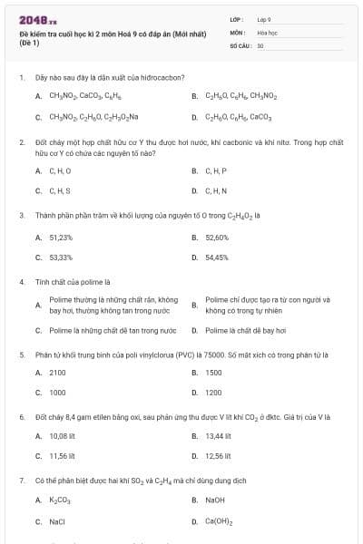 Đề kiểm tra cuối học kì 2 môn Hoá 9 có đáp án (Mới nhất) (Đề 1)