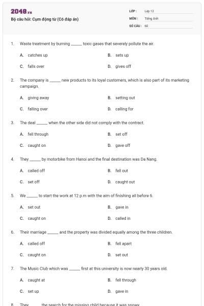 Bộ câu hỏi: Cụm động từ (Có đáp án)