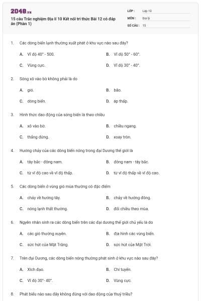 15 câu Trắc nghiệm Địa lí 10 Kết nối tri thức Bài 12 có đáp án (Phần 1)
