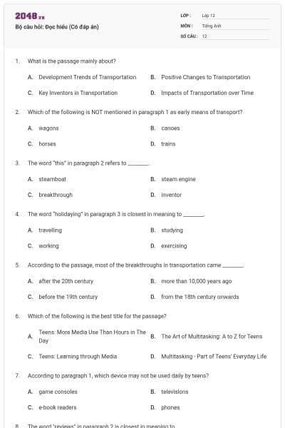 Bộ câu hỏi: Đọc hiểu (Có đáp án)