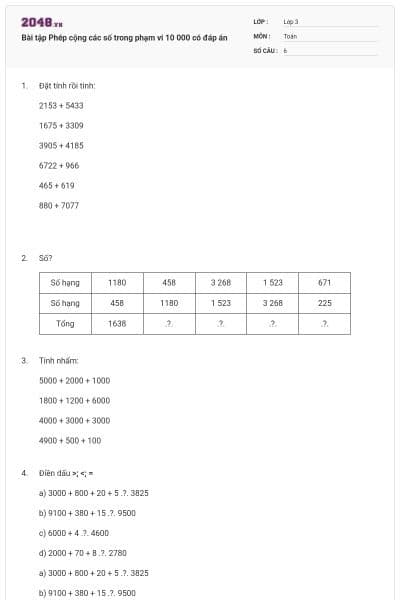 Bài tập Phép cộng các số trong phạm vi 10 000 có đáp án