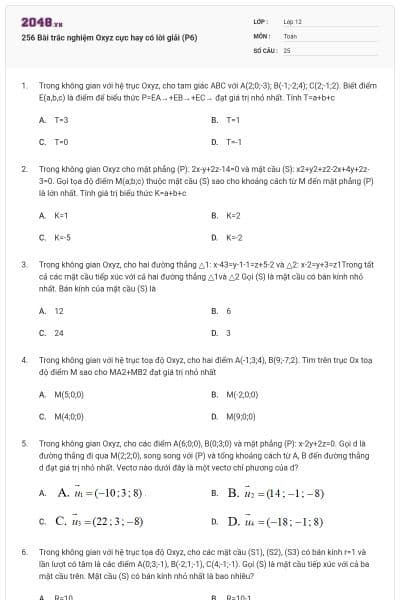 256 Bài trắc nghiệm Oxyz cực hay có lời giải (P6)