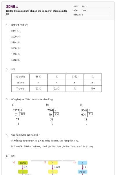 Bài tập Chia số có bốn chữ số cho số có một chữ số có đáp án