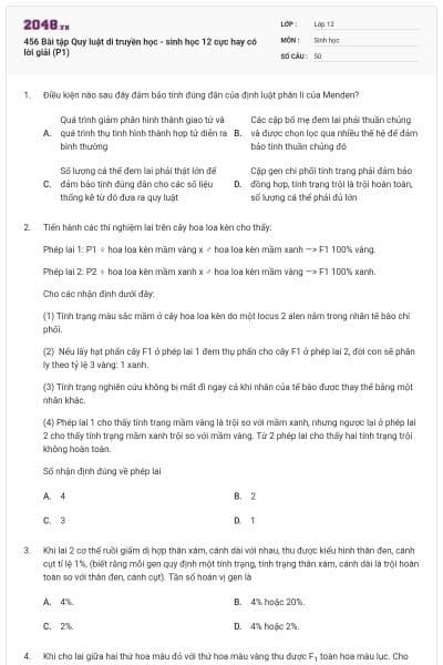 456 Bài tập Quy luật di truyền học - sinh học 12 cực hay có lời giải (P1)