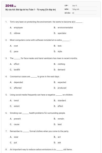 Bộ câu hỏi: Bài tập bổ trợ Tuần 1 - Từ vựng (Có đáp án)