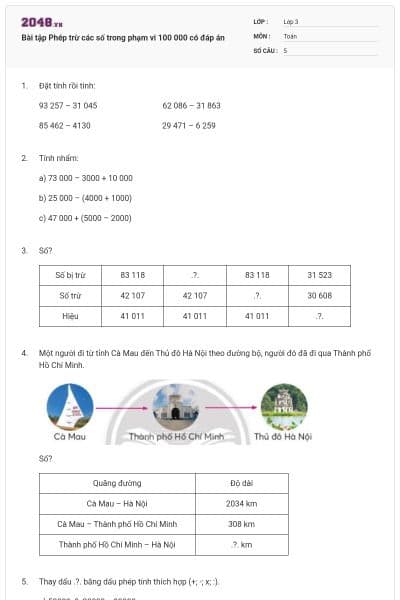 Bài tập Phép trừ các số trong phạm vi 100 000 có đáp án