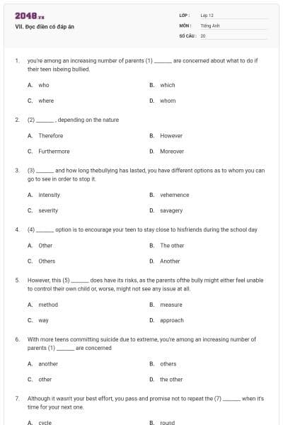 VII. Đọc điền có đáp án