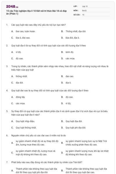15 câu Trắc nghiệm Địa lí 10 Kết nối tri thức Bài 18 có đáp án (Phần 1)