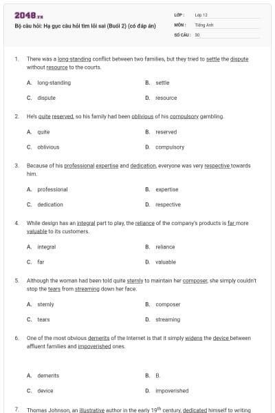 Bộ câu hỏi: Hạ gục câu hỏi tìm lỗi sai (Buổi 2) (có đáp án)