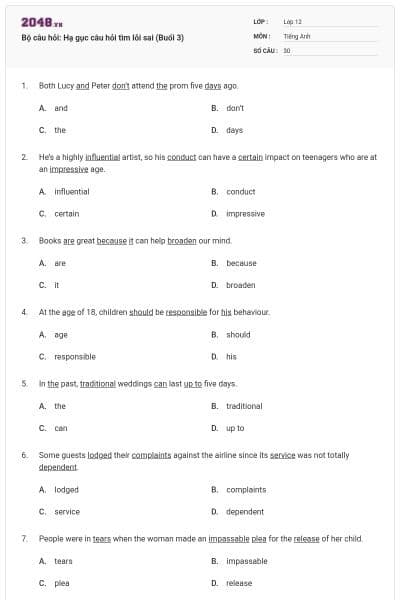 Bộ câu hỏi: Hạ gục câu hỏi tìm lỗi sai (Buổi 3)