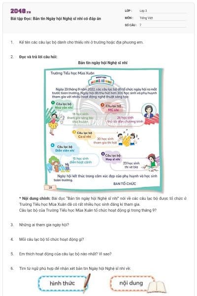 Bài tập Đọc: Bản tin Ngày hội Nghệ sĩ nhí có đáp án