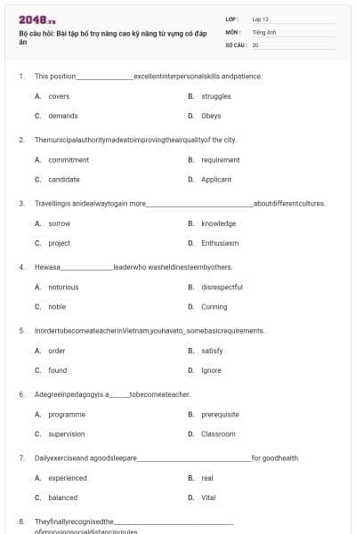 Bộ câu hỏi: Bài tập bổ trợ nâng cao kỹ năng từ vựng có đáp án