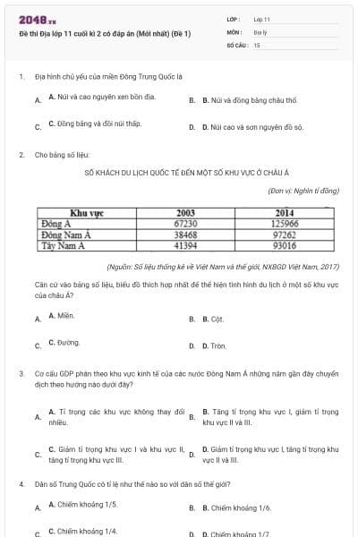 Đề thi Địa lớp 11 cuối kì 2 có đáp án (Mới nhất) (Đề 1)