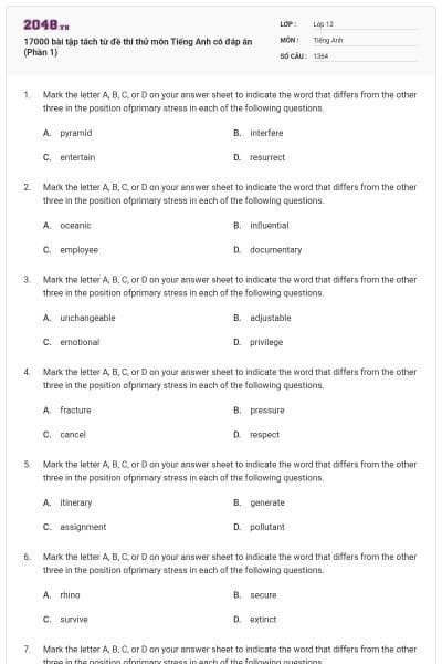 17000 bài tập tách từ đề thi thử môn Tiếng Anh có đáp án (Phần 1)