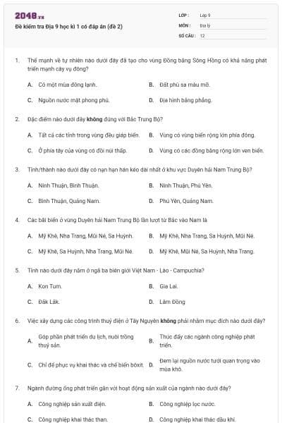 Đề kiểm tra Địa 9 học kì 1 có đáp án (đề 2)