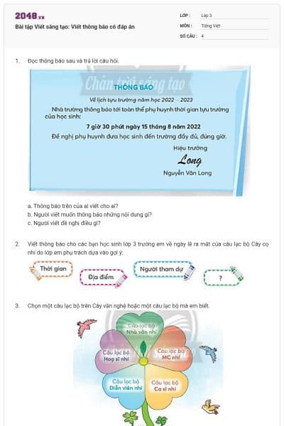 Bài tập Viết sáng tạo: Viết thông báo có đáp án