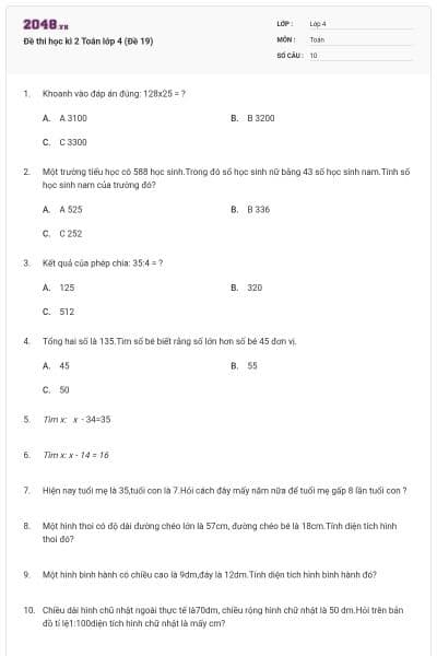 Đề thi học kì 2 Toán lớp 4 (Đề 19)