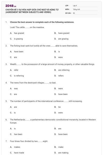 CHUYÊN ĐỀ 3 SỰ HÒA HỢP GIỮA CHỦ NGỮ VÀ ĐỘNG TỪ (AGREEMENT BETWEEN SUBJECTS AND VERBS)