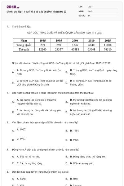 Đề thi Địa lớp 11 cuối kì 2 có đáp án (Mới nhất) (Đề 2)