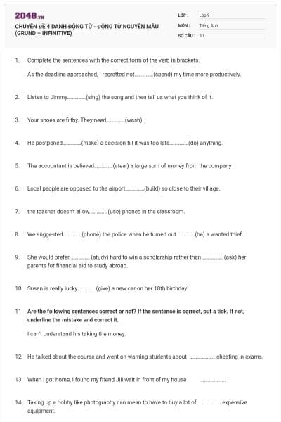 CHUYÊN ĐỀ 4 DANH ĐỘNG TỪ - ĐỘNG TỪ NGUYÊN MẪU (GRUND – INFINITIVE)