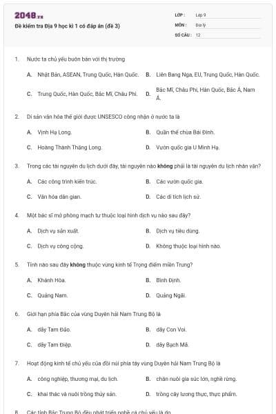 Đề kiểm tra Địa 9 học kì 1 có đáp án (đề 3)