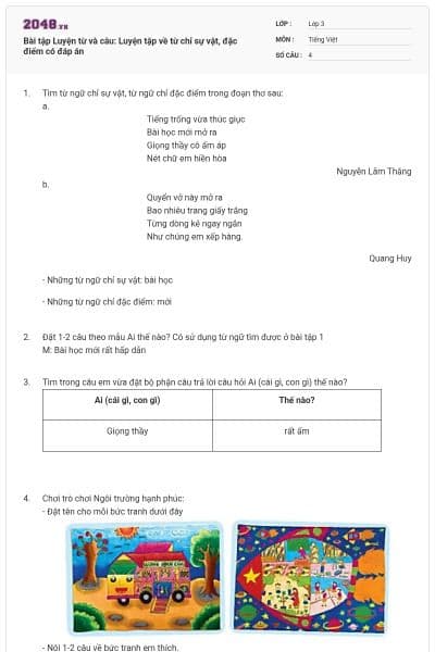 Bài tập Luyện từ và câu: Luyện tập về từ chỉ sự vật, đặc điểm có đáp án