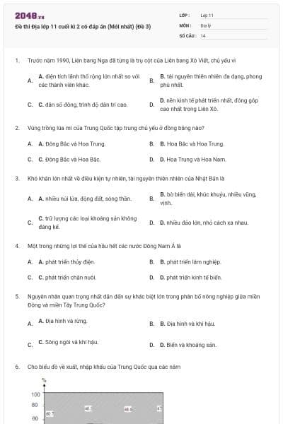 Đề thi Địa lớp 11 cuối kì 2 có đáp án (Mới nhất) (Đề 3)