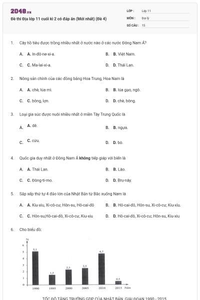 Đề thi Địa lớp 11 cuối kì 2 có đáp án (Mới nhất) (Đề 4)