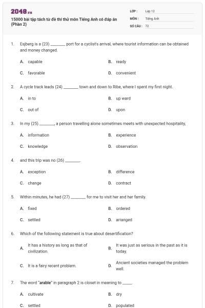 15000 bài tập tách từ đề thi thử môn Tiếng Anh có đáp án (Phần 2)