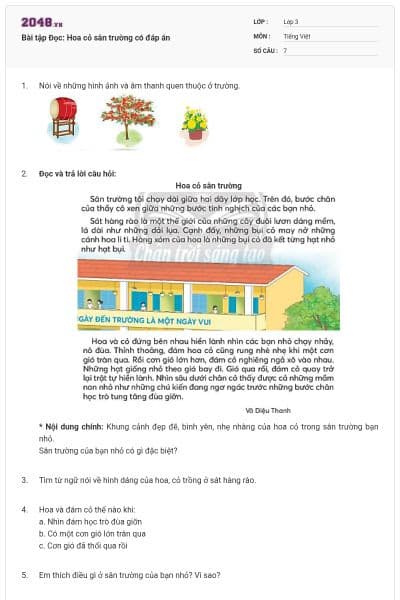 Bài tập Đọc: Hoa cỏ sân trường có đáp án