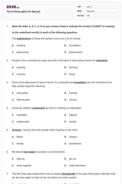 Tìm từ đồng nghĩa (Có đáp án)