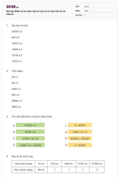 Bài tập Nhân số có năm chữ số với số có một chữ số có đáp án