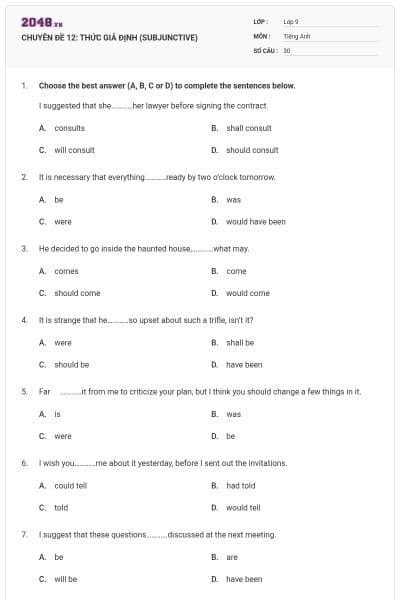CHUYÊN ĐỀ 12: THỨC GIẢ ĐỊNH (SUBJUNCTIVE)