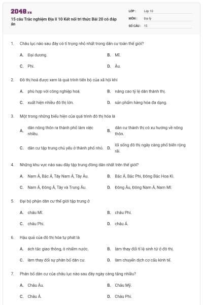 15 câu Trắc nghiệm Địa lí 10 Kết nối tri thức Bài 20 có đáp án