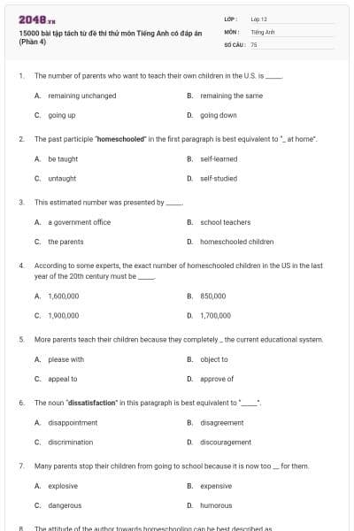 15000 bài tập tách từ đề thi thử môn Tiếng Anh có đáp án (Phần 4)