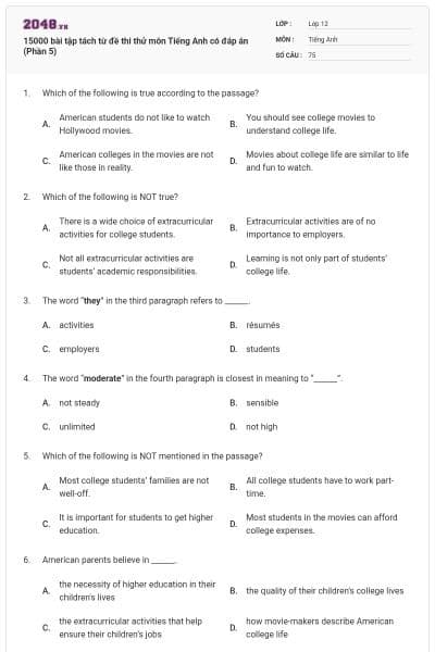 15000 bài tập tách từ đề thi thử môn Tiếng Anh có đáp án (Phần 5)