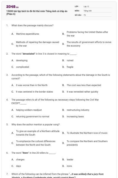15000 bài tập tách từ đề thi thử môn Tiếng Anh có đáp án (Phần 6)