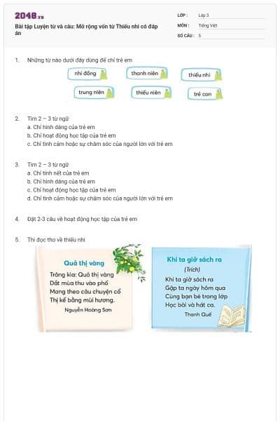 Bài tập Luyện từ và câu: Mở rộng vốn từ Thiếu nhi có đáp án