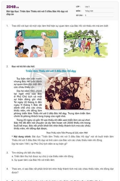 Bài tập Đọc: Triển lãm Thiếu nhi với 5 điều Bác Hồ dạy có đáp án