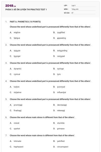 PHẦN 3: ĐỀ ÔN LUYỆN THI  PRACTICE TEST 1