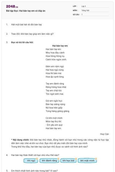 Bài tập Đọc: Hai bàn tay em có đáp án