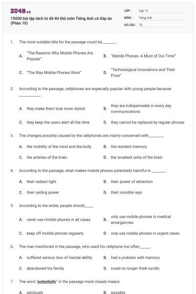 15000 bài tập tách từ đề thi thử môn Tiếng Anh có đáp án (Phần 10)