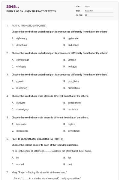 PHẦN 3: ĐỀ ÔN LUYỆN THI  PRACTICE TEST 5